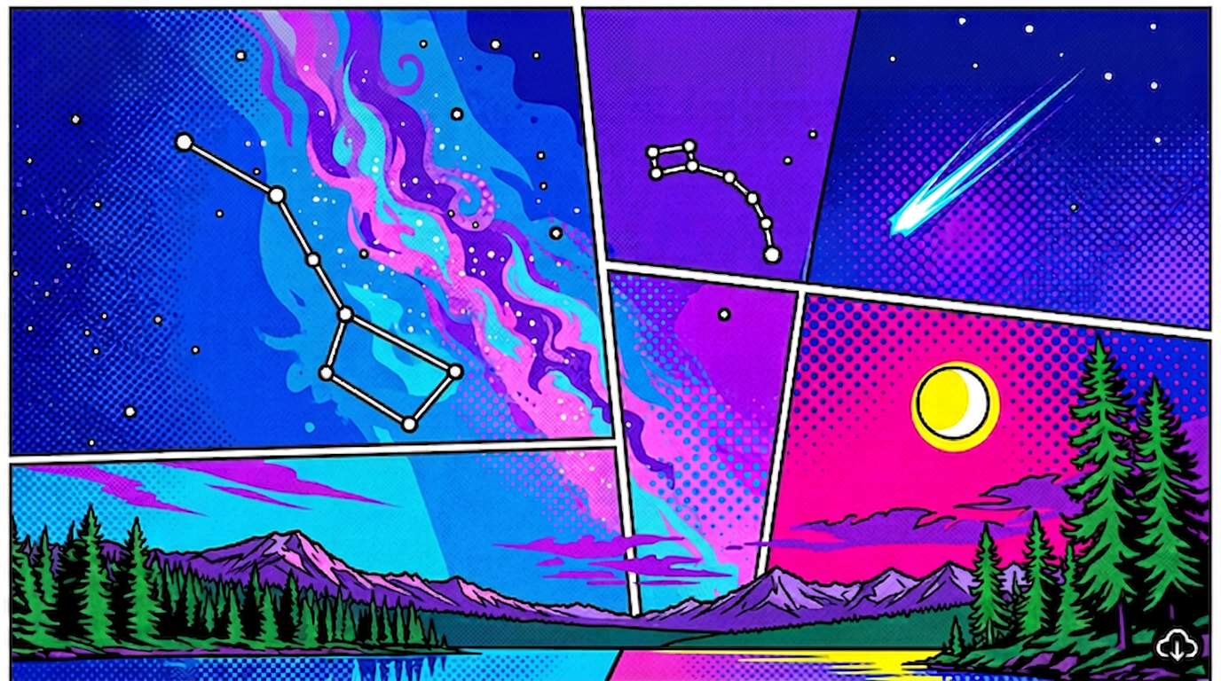 Pop-Art-Nachthimmel in Blau, Pink und Grün mit Sternbildern, Mond und Berglandschaft