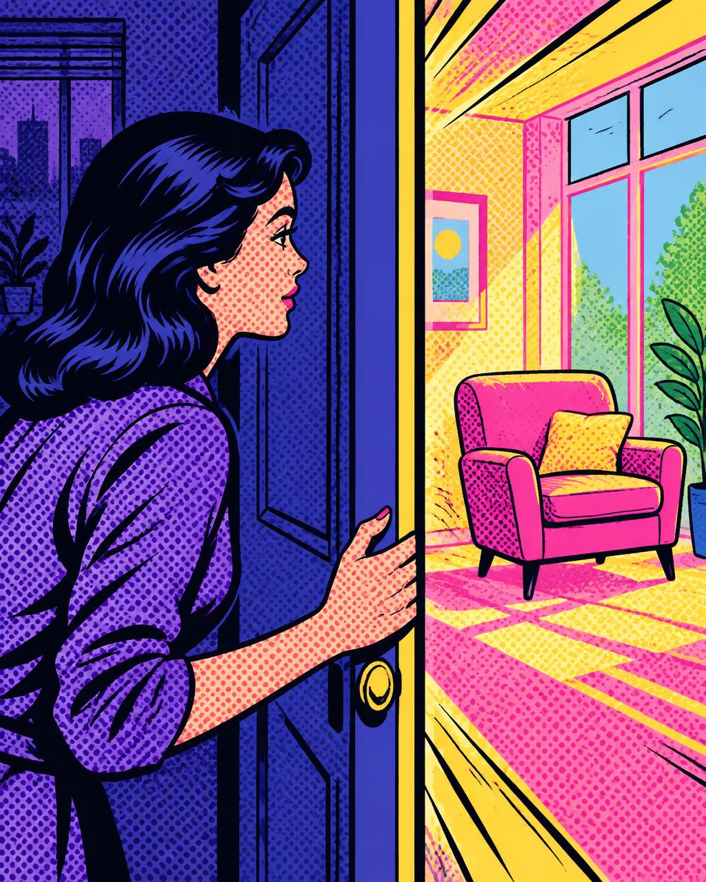 Pop-Art-Illustration: Eine Frau öffnet eine Tür in einen hellen, bunten Raum mit einem Sessel – ein eigener Platz für sie
